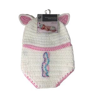 Hand Crocheted Hat And Diaper Cover Unicorn Sz 0-9 Months Infant Baby Photo New